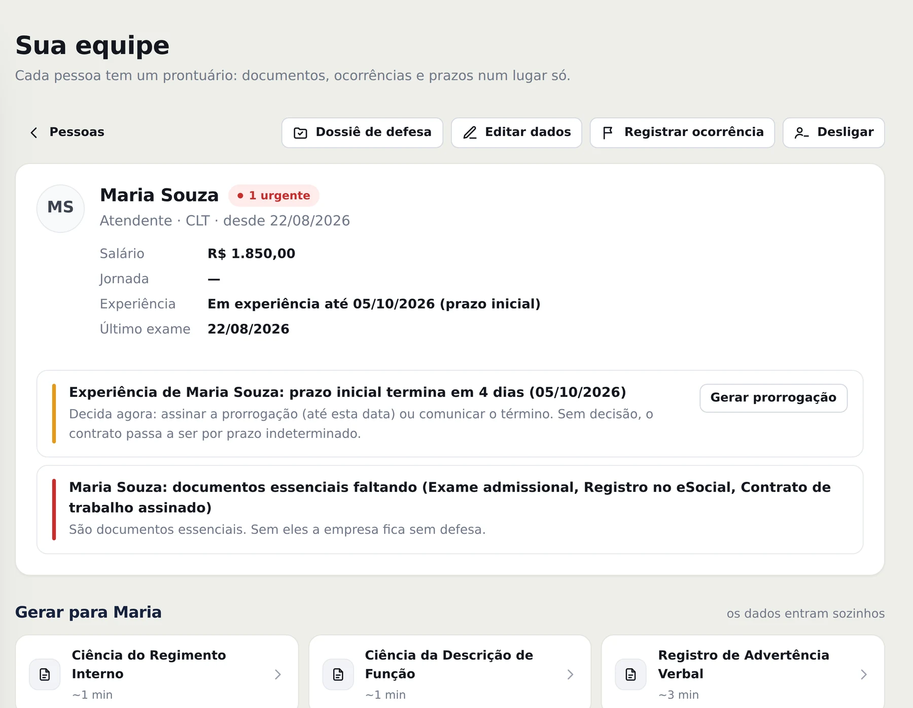 Prontuário de cada funcionário